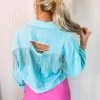 Veveret Women's Clothing Blue Rhinestone Fringe Denim Jacket