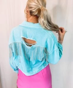 Veveret Women's Clothing Blue Rhinestone Fringe Denim Jacket