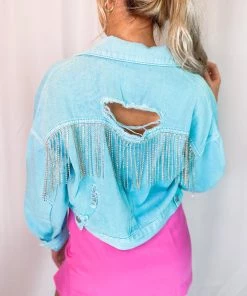Veveret Women's Clothing Blue Rhinestone Fringe Denim Jacket