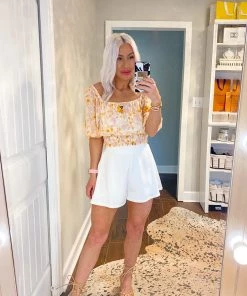 Lush Peach Floral Square Neck Blouse Women's Clothing