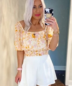 Lush Peach Floral Square Neck Blouse Women's Clothing