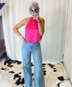 Blue B Women's Clothing Pink Rhinestone Fringe Halter Neck Top