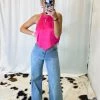 Blue B Women's Clothing Pink Rhinestone Fringe Halter Neck Top