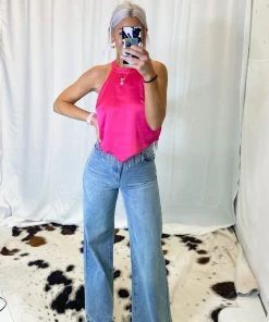 Blue B Women's Clothing Pink Rhinestone Fringe Halter Neck Top