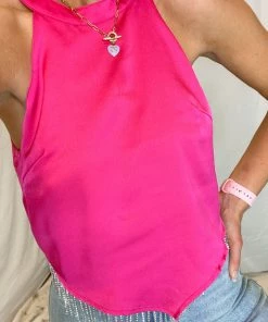 Blue B Women's Clothing Pink Rhinestone Fringe Halter Neck Top