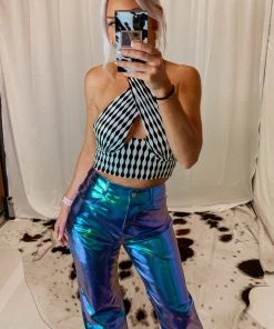 Bailey Rose Women's Clothing Black And White Criss Cross Halter Top