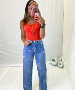 Bailey Rose Butterfly Printed Straight Leg Jeans Women's Clothing