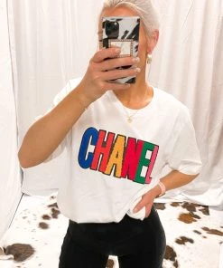 Kendry Collection Boutique Multi Color Chenille Patch Graphic Tee