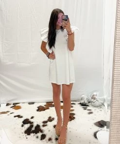 TCEC Women's Clothing White Ruffle Sleeve T-Shirt Dress