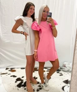 TCEC Women's Clothing Pink Ruffle Sleeve T-Shirt Dress