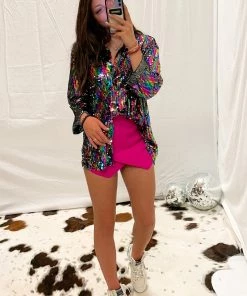 POL Rainbow Sequin Button Down Blouse