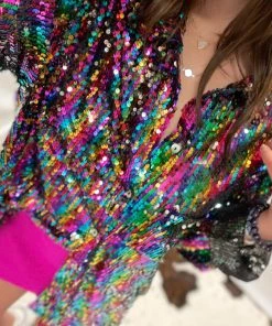 POL Rainbow Sequin Button Down Blouse