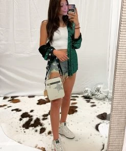 POL Women's Clothing Green Sequin Button Down Blouse