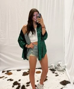 POL Women's Clothing Green Sequin Button Down Blouse