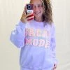 Distressed Vintage Purple Vacay Mode Letter Patch Crewneck Women's Clothing