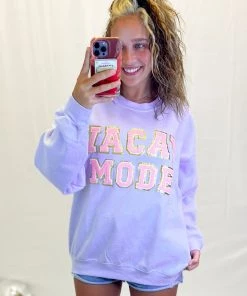 Distressed Vintage Purple Vacay Mode Letter Patch Crewneck Women's Clothing