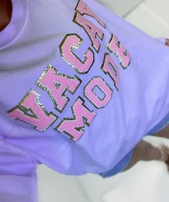 Distressed Vintage Purple Vacay Mode Letter Patch Crewneck Women's Clothing