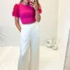 Peach Love California Hot Pink Ribbed Mesh Puff Sleeve Top