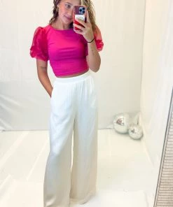 Peach Love California Hot Pink Ribbed Mesh Puff Sleeve Top