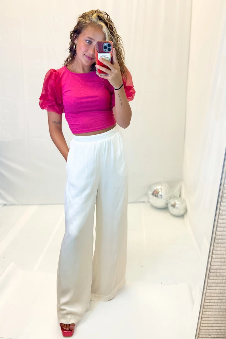 Peach Love California Hot Pink Ribbed Mesh Puff Sleeve Top 3 Peach Love California Hot Pink Ribbed Mesh Puff Sleeve Top