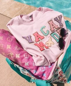 Dash Forward Pink Vacay Mode Letter Patch Crewneck Women's Clothing