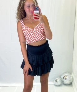 Pologram BaeVely Red Denim Checkered Cropped Tank Top Women's Clothing