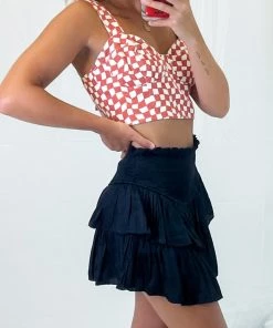 Pologram BaeVely Red Denim Checkered Cropped Tank Top Women's Clothing