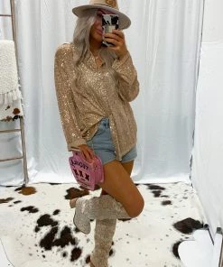 POL Gold Sequin Button Down Blouse
