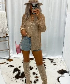POL Gold Sequin Button Down Blouse