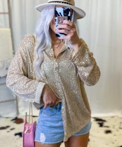 POL Gold Sequin Button Down Blouse