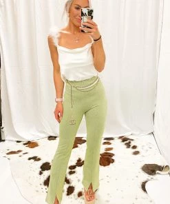 Lelis Green Gingham Straight Leg Slit Pants Women's Clothing