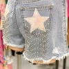 Fantastic Fawn Women's Clothing Light Wash Sequin Star Fringe Denim Shorts