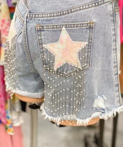 Fantastic Fawn Women's Clothing Light Wash Sequin Star Fringe Denim Shorts
