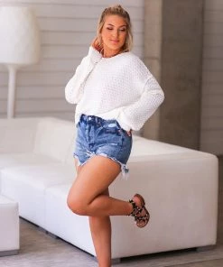 HYFVE Women's Clothing Ivory Textured Distressed Hem Sweater