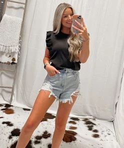 Mustard Seed Charcoal Ruffled Short Sleeve Knit Top