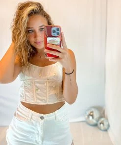 Le Lis Women's Clothing Cream Floral Mesh Corset Tank Top