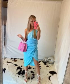 Do + Be Women's Clothing Aqua Blue One Shoulder Midi Dress