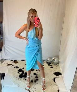 Do + Be Women's Clothing Aqua Blue One Shoulder Midi Dress