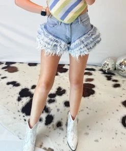 Vibrant Ruffle Denim Shorts Women's Clothing