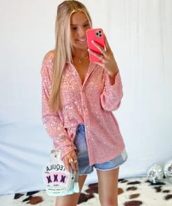 POL Pink Sequin Button Down Blouse