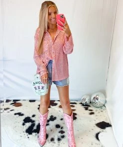 POL Pink Sequin Button Down Blouse