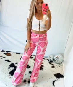 Bailey Rose Pink Wavy Smiley Face Denim Pants