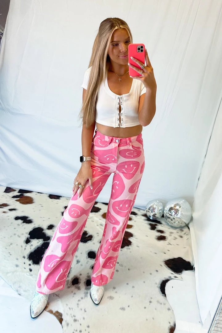 Bailey Rose Pink Wavy Smiley Face Denim Pants 3 Bailey Rose Pink Wavy Smiley Face Denim Pants