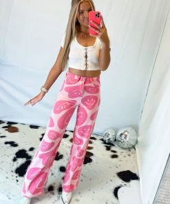 Bailey Rose Pink Wavy Smiley Face Denim Pants