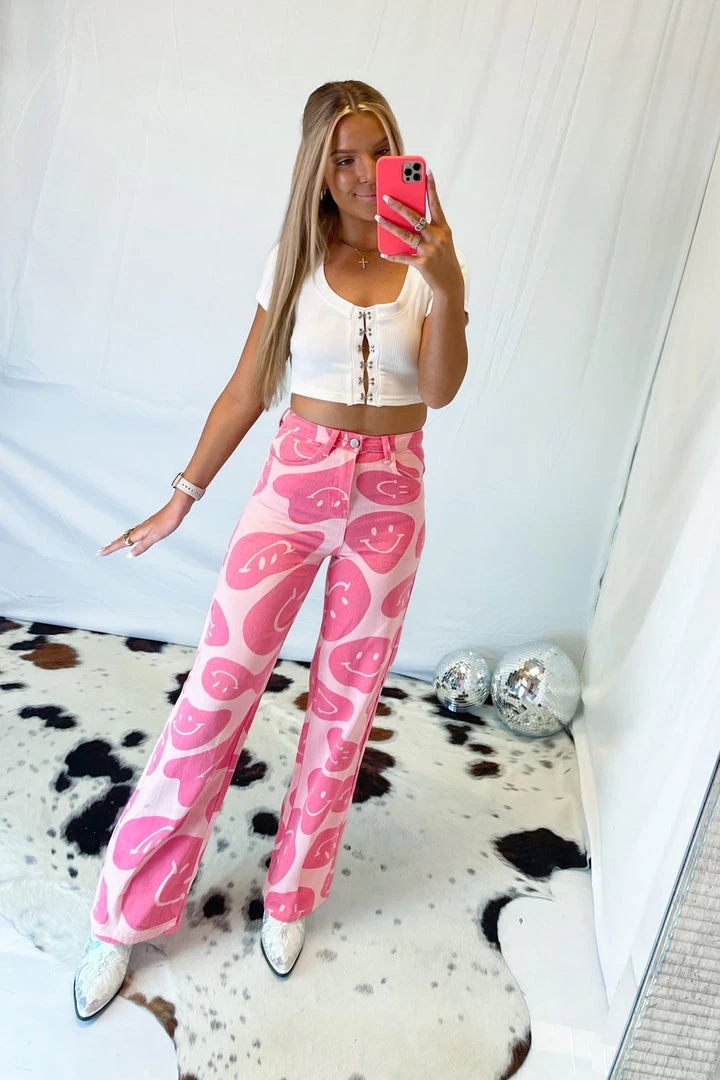 Bailey Rose Pink Wavy Smiley Face Denim Pants 4 Bailey Rose Pink Wavy Smiley Face Denim Pants