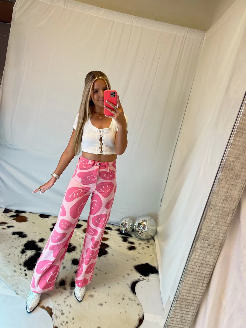 Bailey Rose Pink Wavy Smiley Face Denim Pants 5 Bailey Rose Pink Wavy Smiley Face Denim Pants