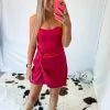 Do + Be Red Satin Side Twist Strapless Dress