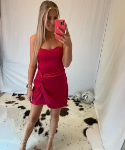 Do + Be Red Satin Side Twist Strapless Dress