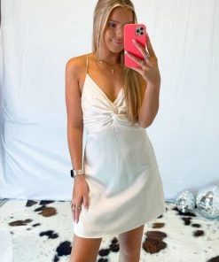 DO + BE Cream Side Slits Front Twist Dress Women's Clothing