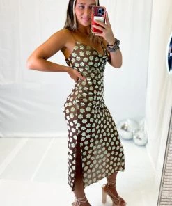 Blue Blush Brown Floral Velvet Midi Dress Women's Clothing